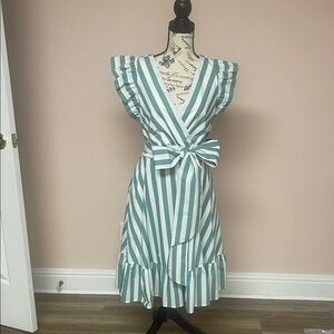 New York & Company Teal and White Striped Wrap Midi Dress